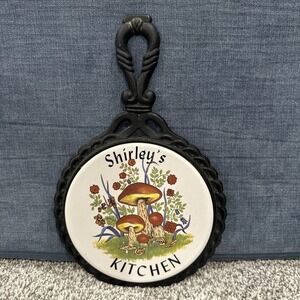 MCM VTG Trivet "Shirley's Kitchen" Ceramic Tile Cast‎ Iron Brown Mushroom